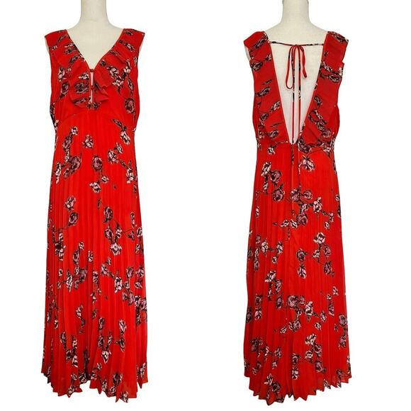 Lulus Floral Pleated Low Back Flowy Maxi Dress Size XL Red Event Wedding Guest - Picture 1 of 6
